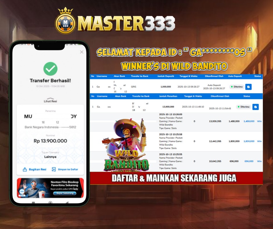MASTER333 JACKPOT SLOT Wild Badinto  Rp.13,900,000.,- LUNAS